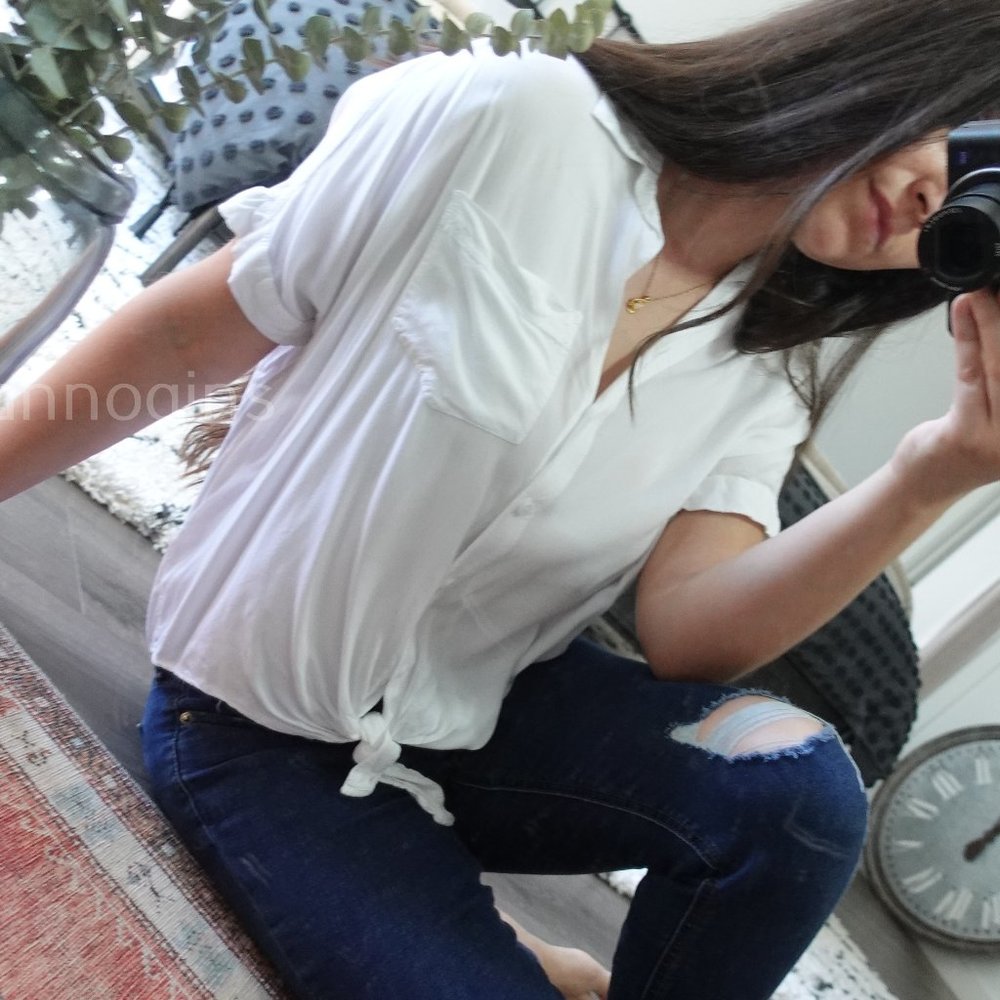 White Button Up T-Shirt- BEACH LUNCH LOUNGE